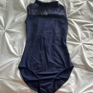 navy blue lace open back ballet leotard, child medium
